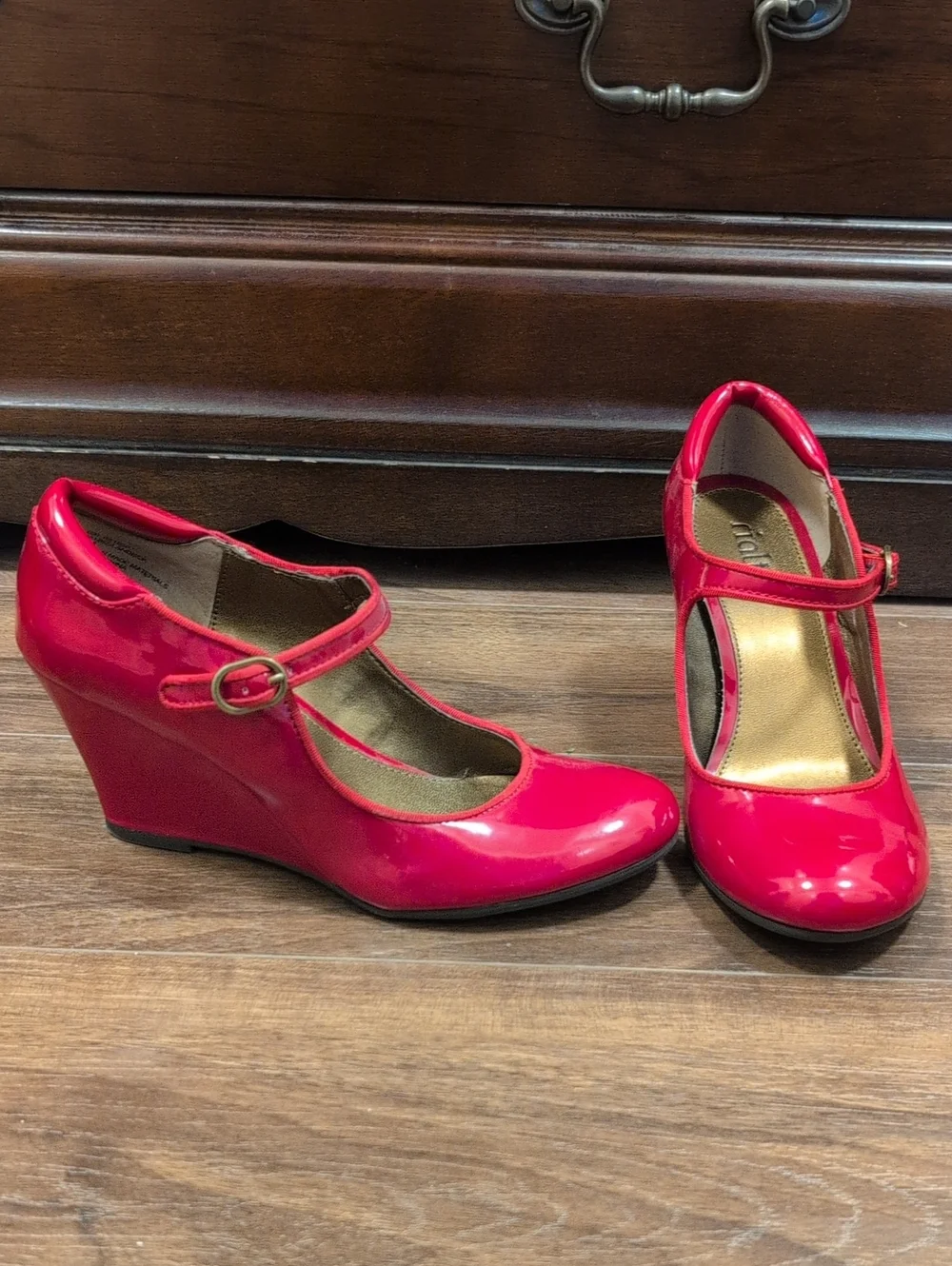 Rialto Bright Red Patent Mary Jane Wedge Heels Vintage Inspired